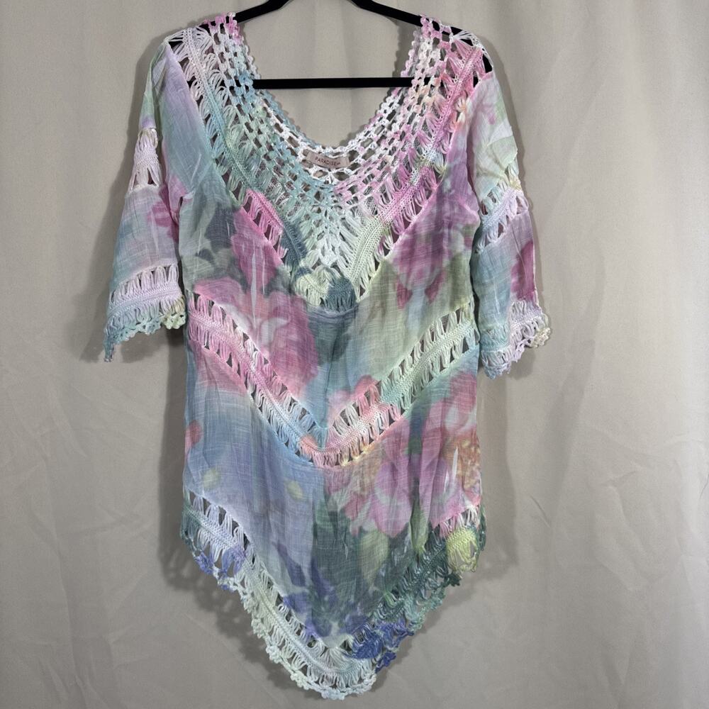 Paradise USA Boho Floral Crochet Tunic Cover Up Beach Whimsical Pool Side Dress